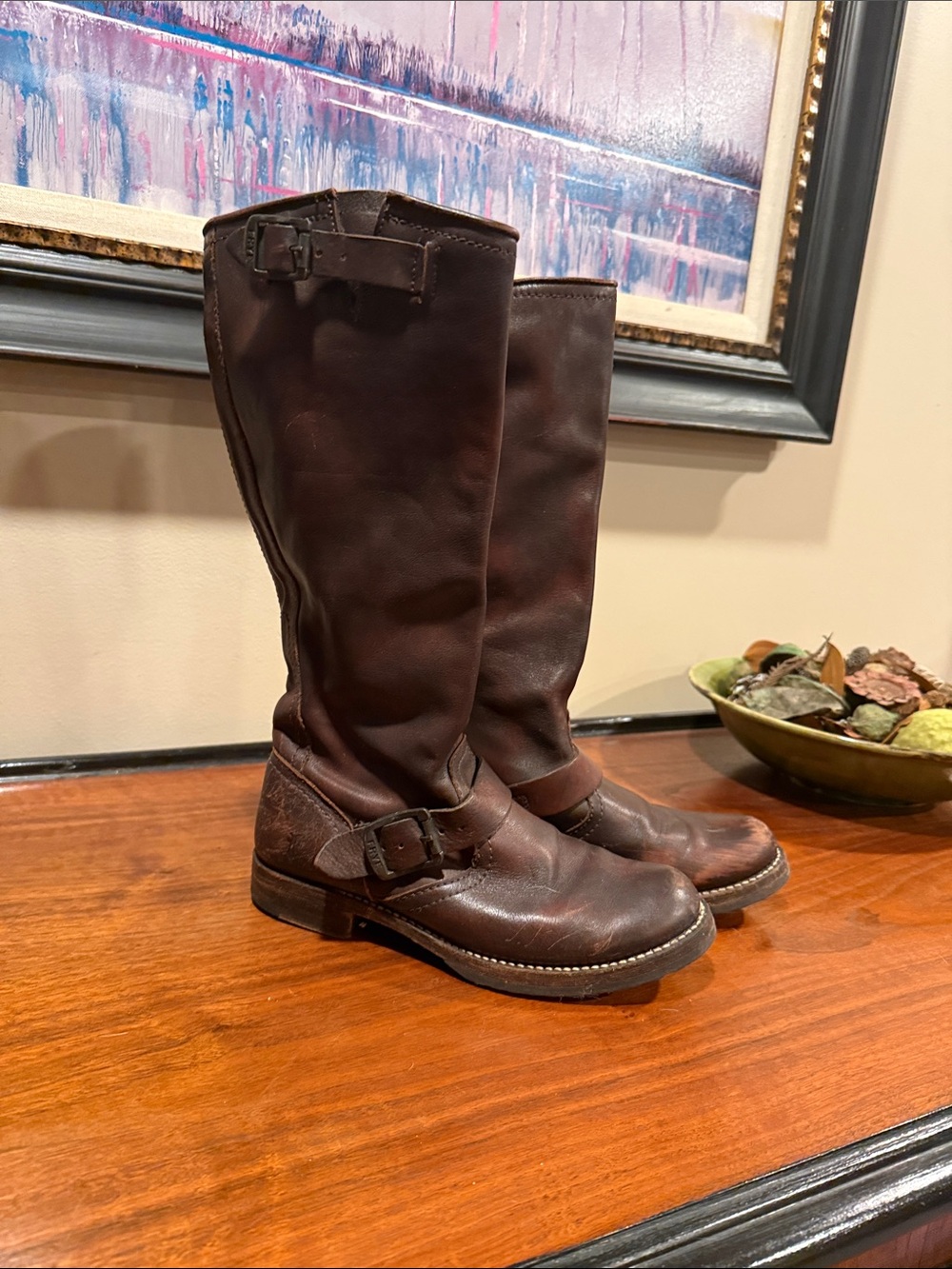 Frye Tall Buckle Veronica Slouch Leather Boot - Brown, Size 6.5-7, Buckle Damage